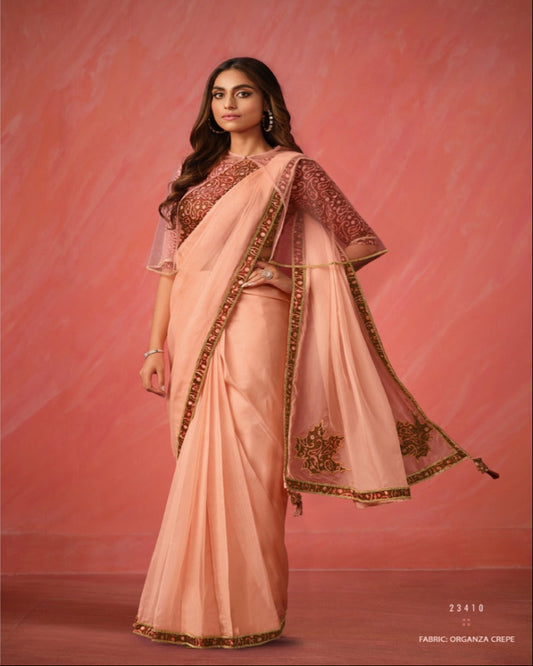 Woman wearing a peach saree with gold embroidery on a pink background